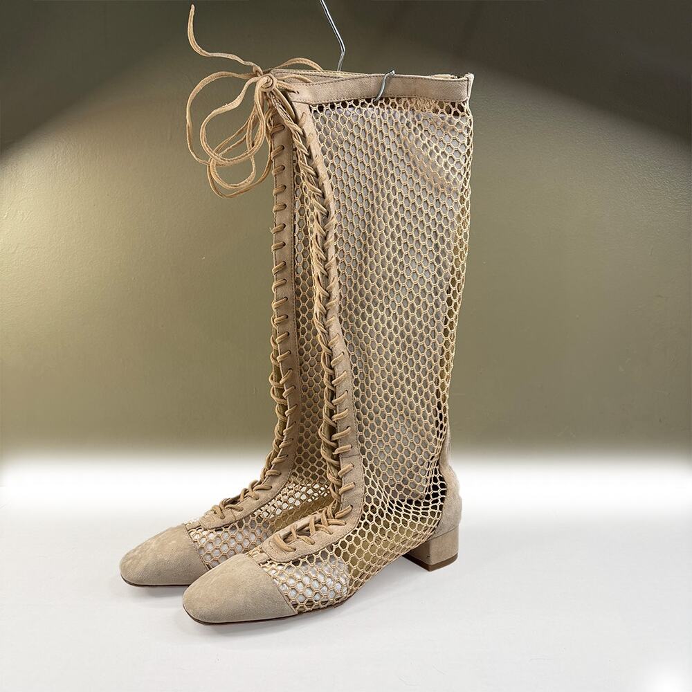 Christian Dior Beige Resille Naughtily D Lace Up Over The Knee Boots Size 39 D